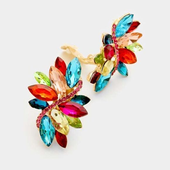 Swirl Multi Color Marquise Crystal Clip on Earrings - Picture 1 of 5